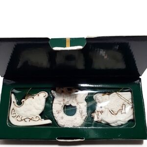 Vintage Avon Bisque Porcelain Christmas Tree Ornaments with 24 k Gold Trim.